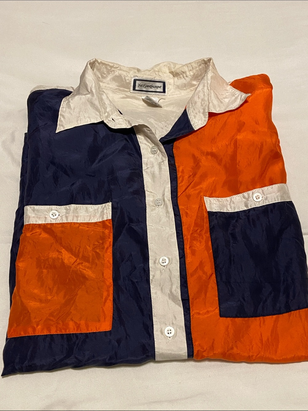 Vintage YSL Yves Saint Laurent Color block Silk Button-Up Shirt